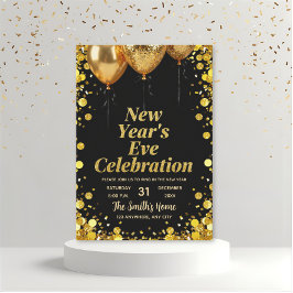 Convite Chic Festa de Ano Novo Dourado Brilho Preto