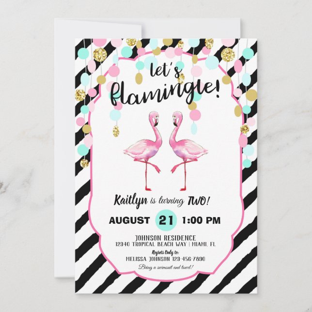 Convite Chic Flamingo Stripe e Confetti Aniversário (Frente)