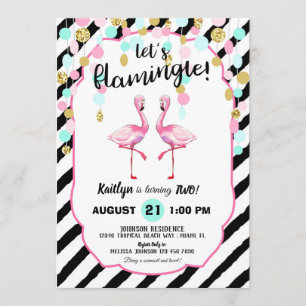 Convite Chic Flamingo Stripe e Confetti Aniversário