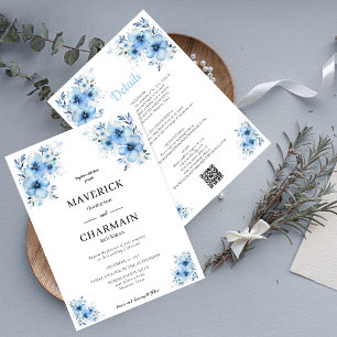 Convite Chic Floral Azul Frente e Verso Casamento