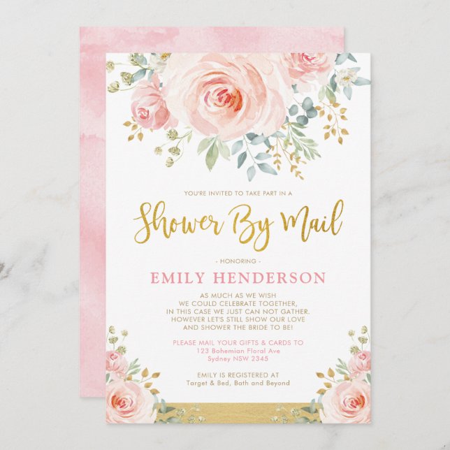 Convite Chic Floral Chá de panela Por Mail Quarantine Part (Frente/Verso)