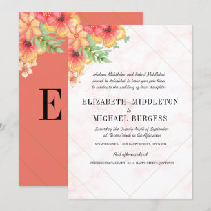 Convite Chic Floral Coral Moderno de Casamento Tropical