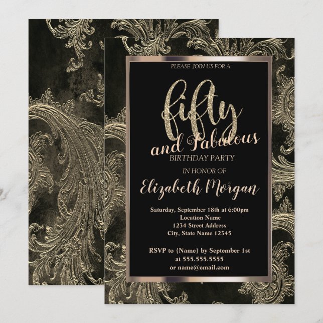 Convite Chic Floral Damask Frame 50th Birthday (Frente/Verso)