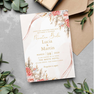 Convite Chic Floral e folha em espanhol Nuestra Boda