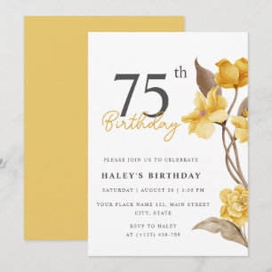 Convite Chic Floral Elegante Simples Aniversário de 75 Ano