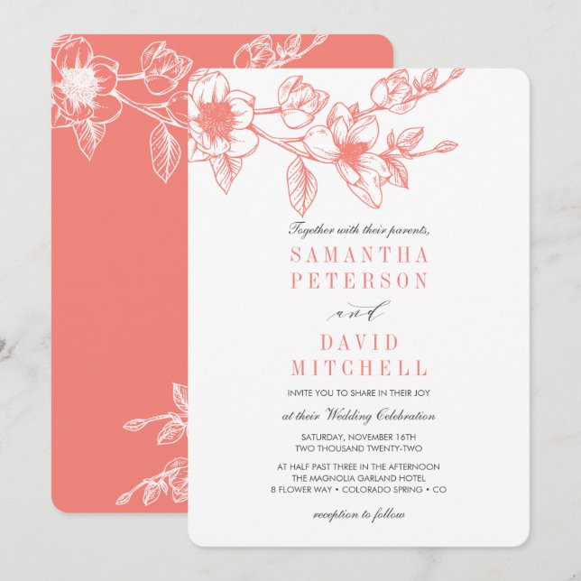 Convite Chic Floral Magnolia Branch | Coral | Casamento (Frente/Verso)