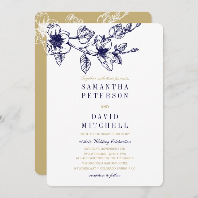 Convite Chic Floral Magnolia Branch Marinho Blue DOURADO C (Frente/Verso)