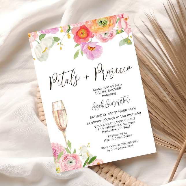 Convite Chic Floral Petals Prosecco Código QR Chá de panel (Floral Petals and Prosecco bridal Shower Invitation Template, Champagne Petals Prosecco QR Code)