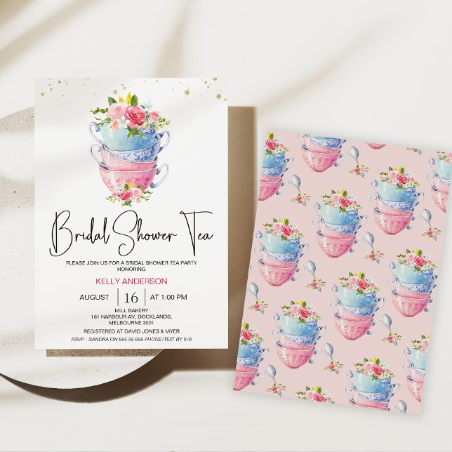 Convite Chic Floral Tea Cups Chá de panela do Tea Party (Bridal Tea Party Invitation, Floral High Tea Shower Invite, Tea Cups Floral Bridal Shower Invite, )