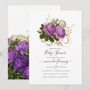 Convite Chic Floral Vintage em Roxo e Dourado para Chá de