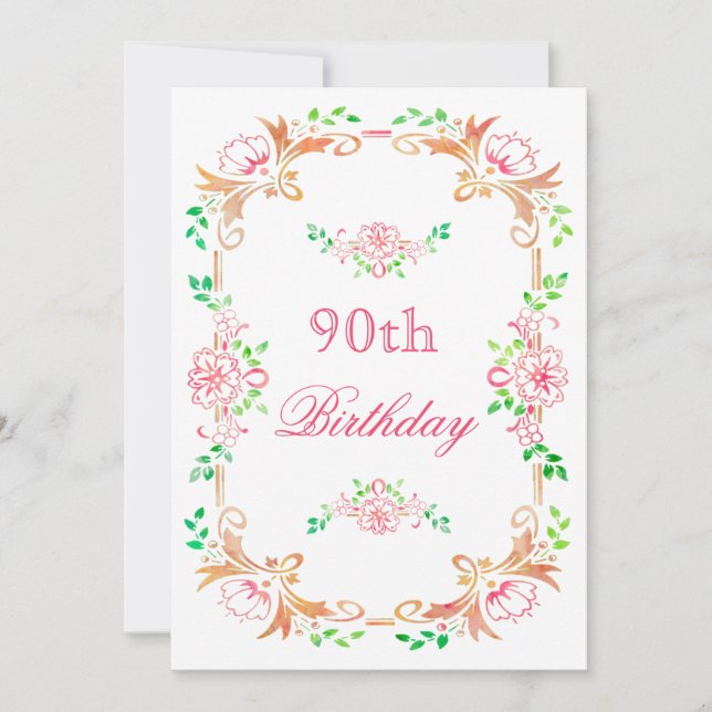 Convite Chic Floral Watercolor 90 Birthday (Frente)