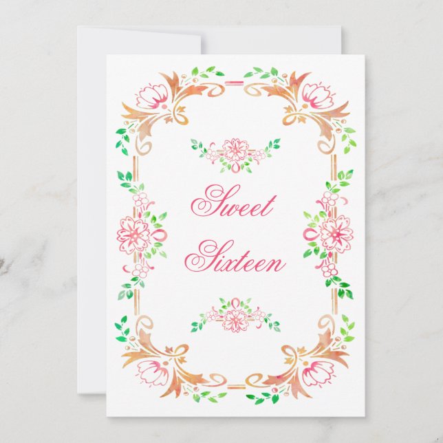 Convite Chic Floral Watercolor Sweet 16 Double Sided (Frente)