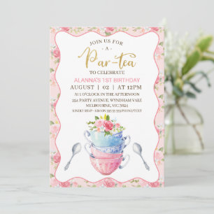 Convite Chic Floral Wave Teacups primeiro aniversario Tea