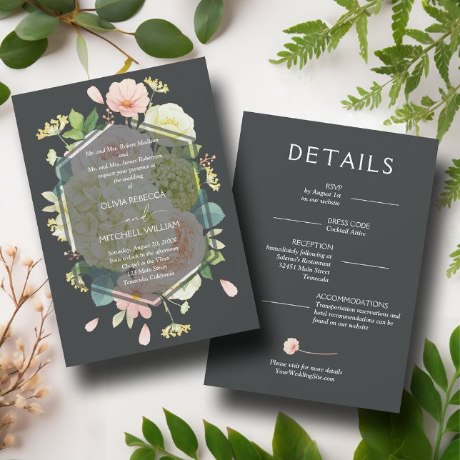 Convite Chic Florals Casamento Escuro Tudo em Um (Chic Florals Dark All in One Wedding Invitations with your details on the back)