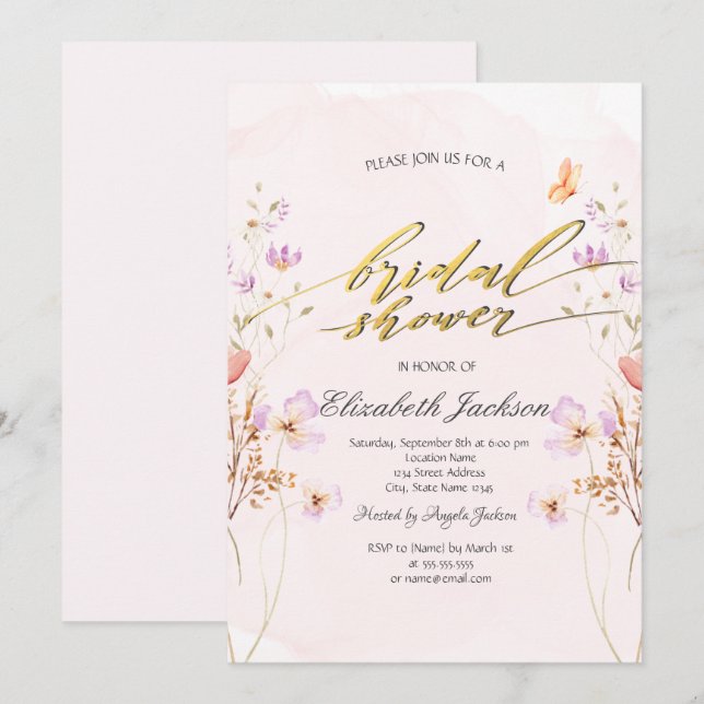 Convite Chic Flores Silvestres Borboletas Chá de Noiva  (Frente/Verso)