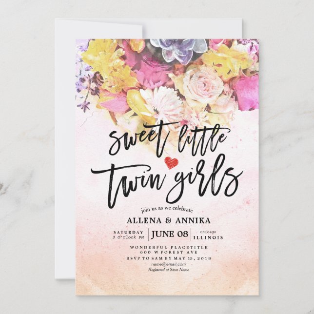 Convite Chic Flowers Chá de fraldas Garotas Gêmeas Doce (Frente)