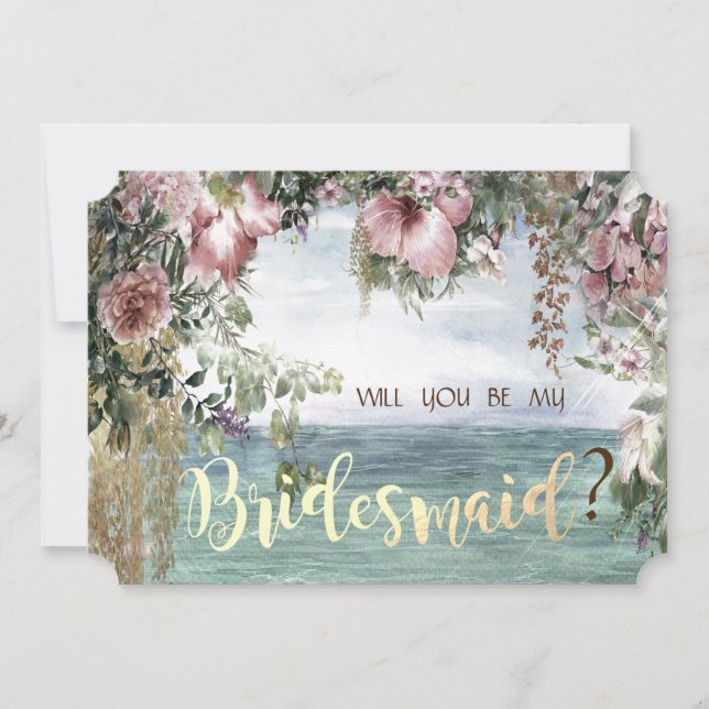 Convite Chic Flowers Ocean Bridesmaid Card (Frente)