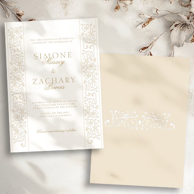 Convite Chic Formal Ecru Scrollwork Border Wedding (Criador carregado)