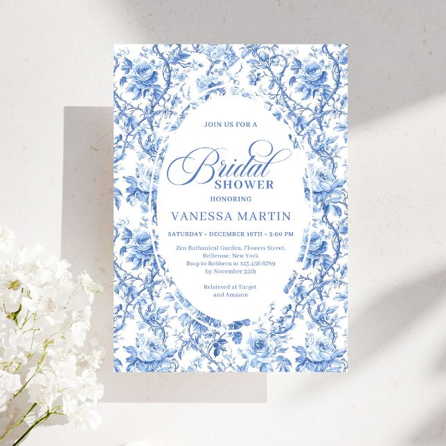 Convite Chic French Toile de Jouy Blue Roses Bridal Shower (French Toile de Jouy Blue Roses Bridal Shower Invitation)