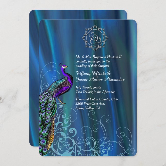 Convite Chic Ganesha Blue Satin e Peacock Wedding Invit (Frente/Verso)
