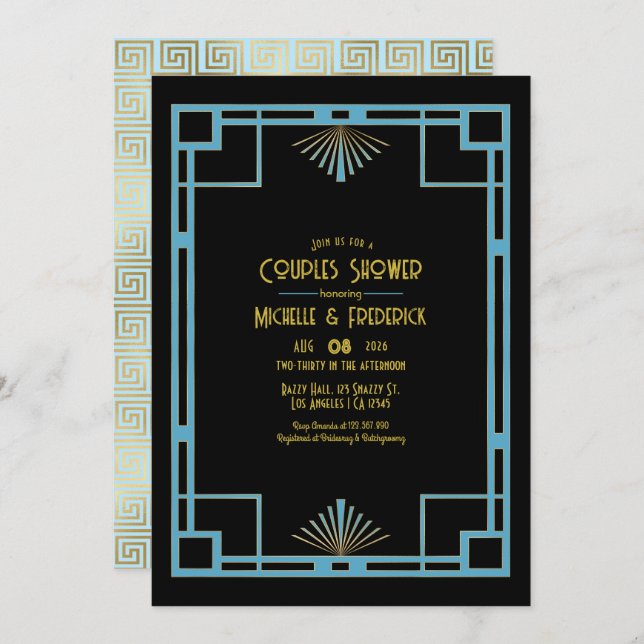 Convite Chic Gatsby Art Deco Blue & Gold Couples Shower (Frente/Verso)
