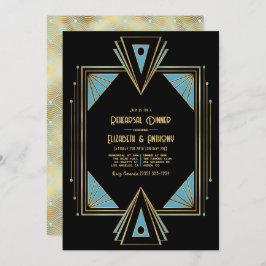 Convite Chic Gatsby Art Deco Blue & Gold Rehearsal Dinner