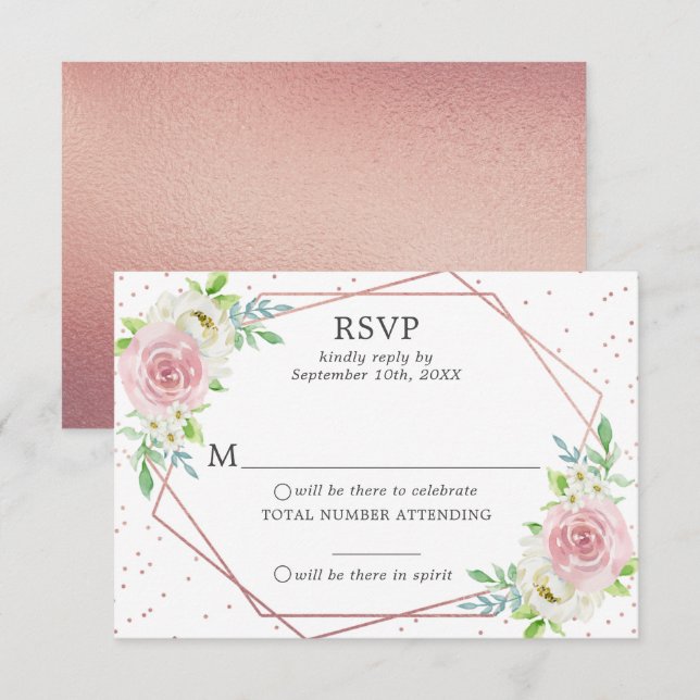 Convite Chic Geométrico Rosa Gold Foil Floral Weding RSVP (Frente/Verso)