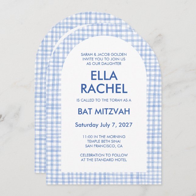 Convite Chic Gingham Modern Custom QR Bat Bar Mitzvah Arch (Frente/Verso)