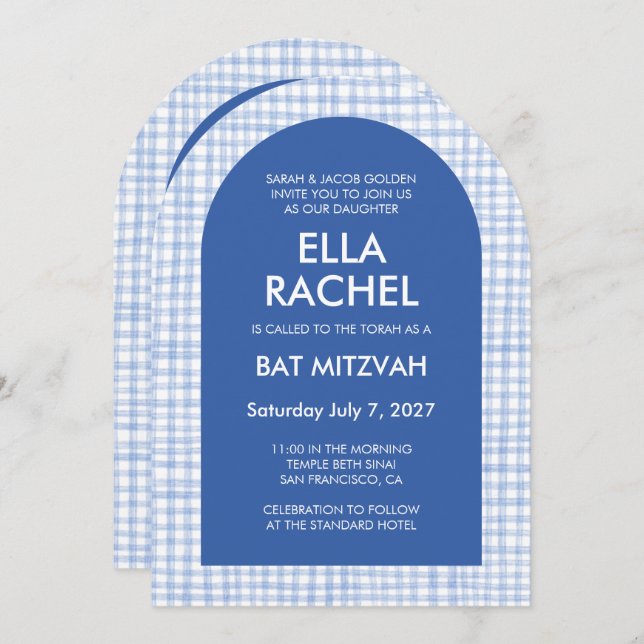 Convite Chic Gingham Modern Custom QR Bat Bar Mitzvah Arch (Frente/Verso)