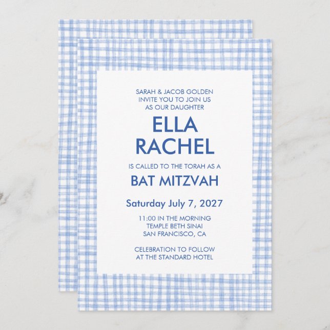 Convite Chic Gingham Modern Custom QR CODE Bat Bar Mitzvah (Frente/Verso)