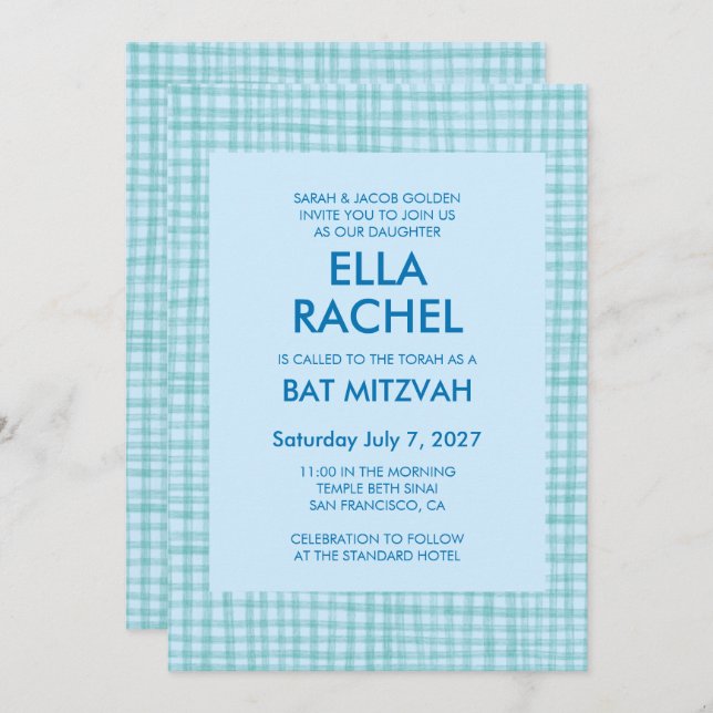 Convite Chic Gingham Modern Custom QR CODE Bat Bar Mitzvah (Frente/Verso)