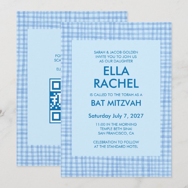 Convite Chic Gingham Moderno Código QR Personalizado Bar M (Frente/Verso)