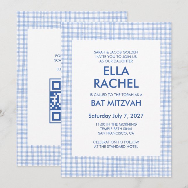 Convite Chic Gingham Moderno Código QR Personalizado Bar M (Frente/Verso)