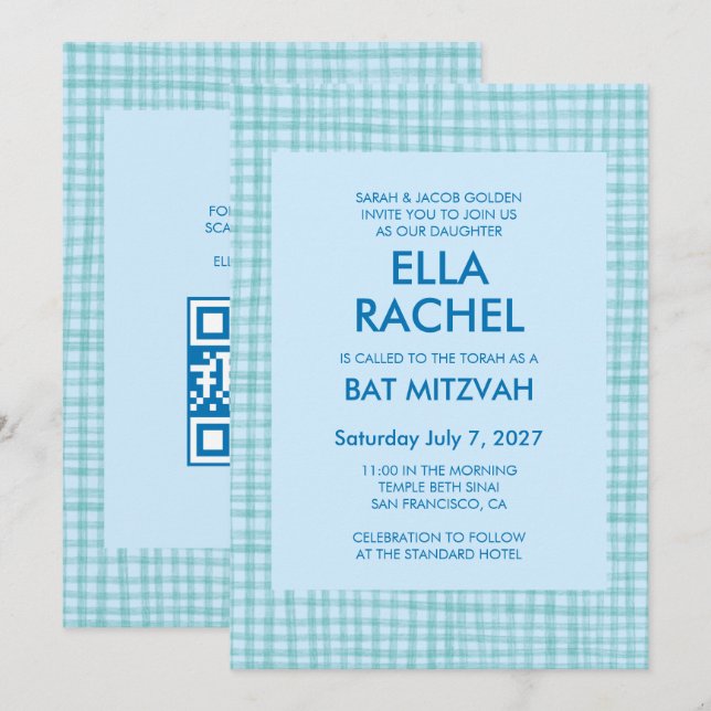 Convite Chic Gingham Moderno Código QR Personalizado Bar M (Frente/Verso)