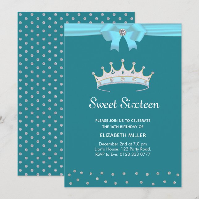 Convite Chic Glitter Diamante Sweet Sixteen em Azu (Frente/Verso)