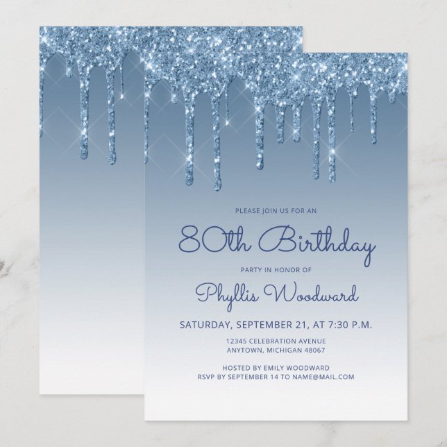 Convite Chic Glitter Drip Azul Aniversário de 80 anos (Frente/Verso)