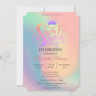 Convite Chic Glitter Tiara Holographic Sweet 16 Party