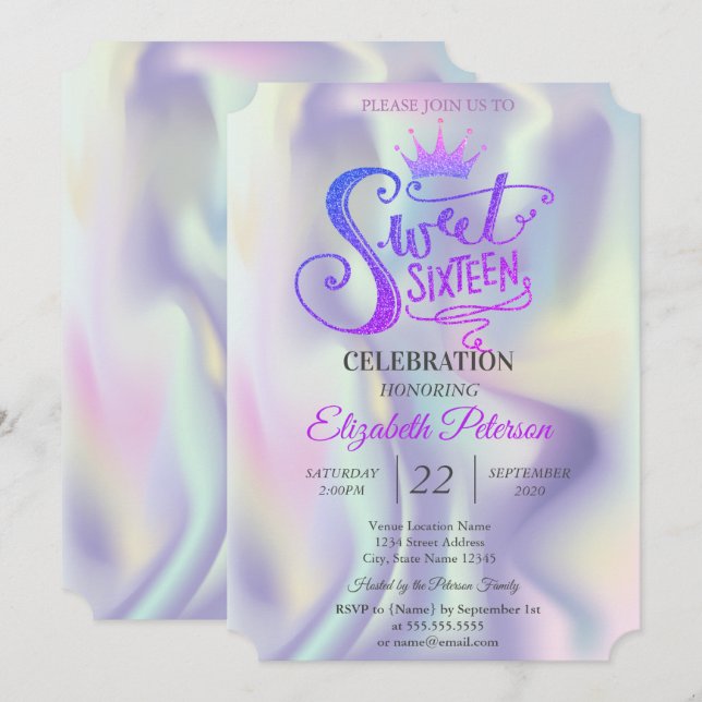 Convite Chic Glitter Tiara Holographic Sweet 16 Party (Frente/Verso)