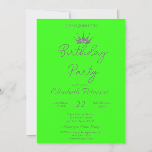 Convite Chic Glitter Tiara Neon Green Birthday (Frente)