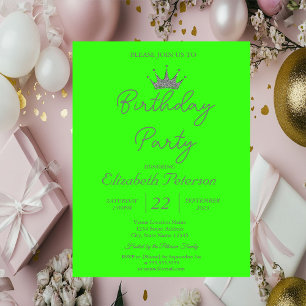 Convite Chic Glitter Tiara Neon Green Birthday