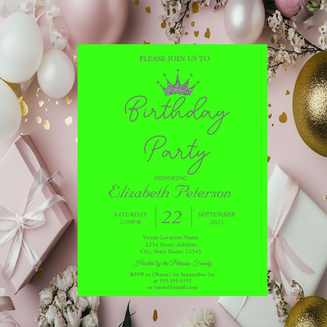 Convite Chic Glitter Tiara Neon Green Birthday (Criador carregado)
