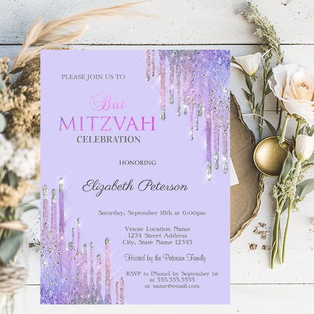 Convite Chic Glitter Violet Drives Lavander Bat Mitzvah (Criador carregado)