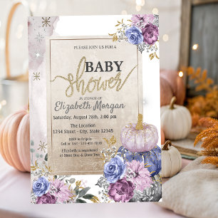 Convite Chic Glitter Violeta Abóboras Flores Chás de Bebê