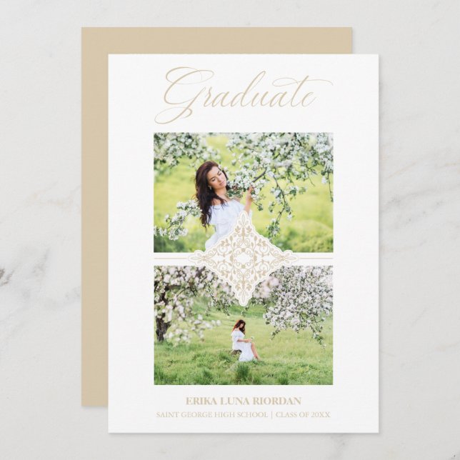 Convite Chic Gold 2 Photos Ornament Sophisticated Graduate (Frente/Verso)
