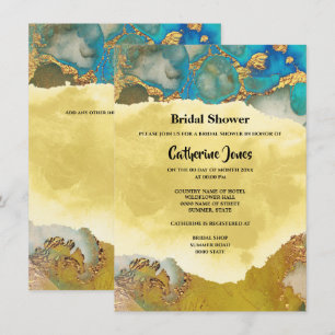 Convite Chic gold azul agate água bridal