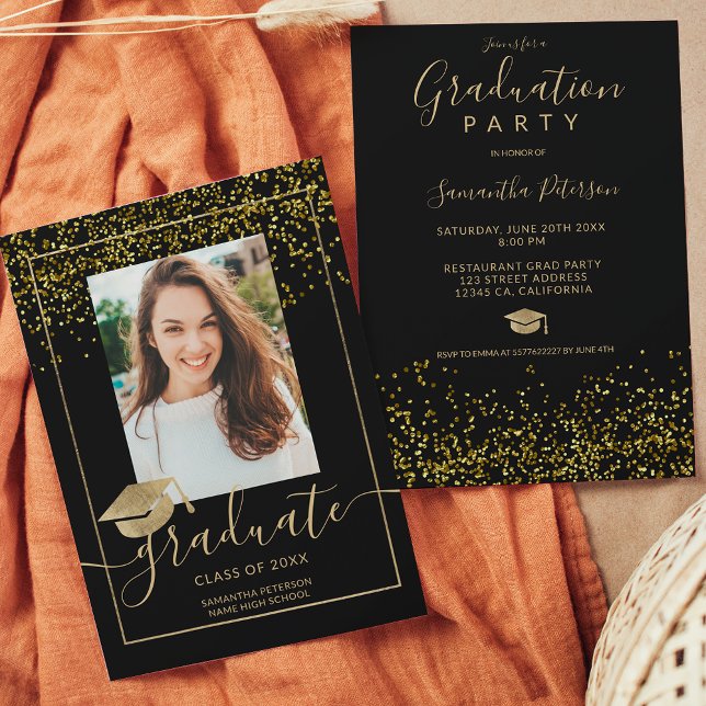Convite Chic gold confetti black typography graduation (Criador carregado)