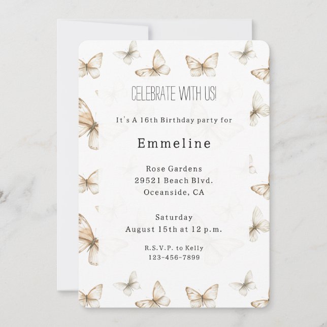 Convite Chic Gold Cream White Butterflies Birthday (Frente)