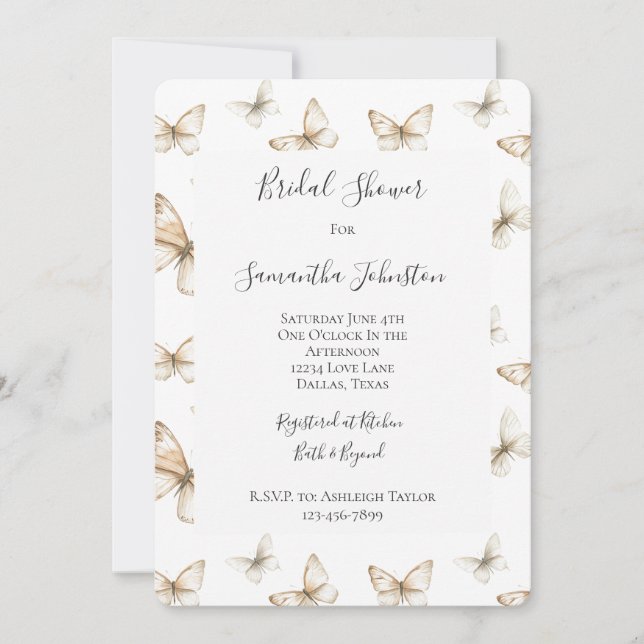 Convite Chic Gold Cream White Butterflies Bridal Shower (Frente)