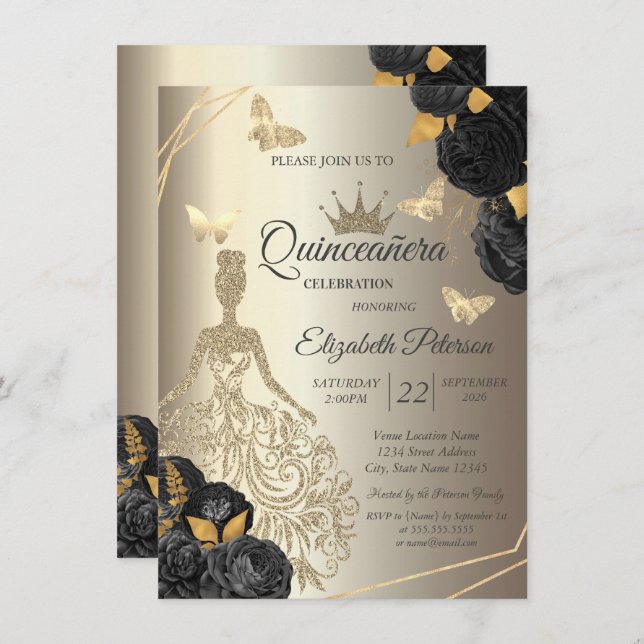 Convite Chic Gold Dress,Butterfly Black Roses Quinceañera (Frente/Verso)