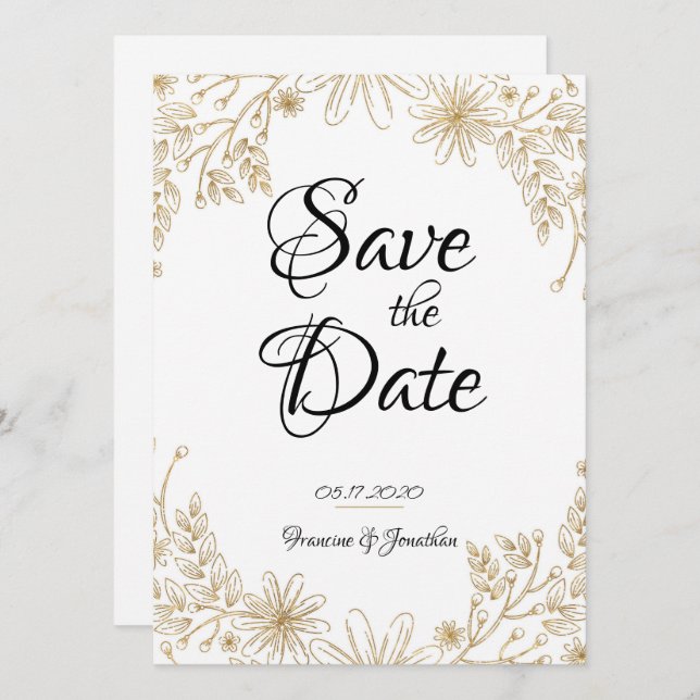 Convite Chic Gold Foil Floral Salvar Data (Frente/Verso)